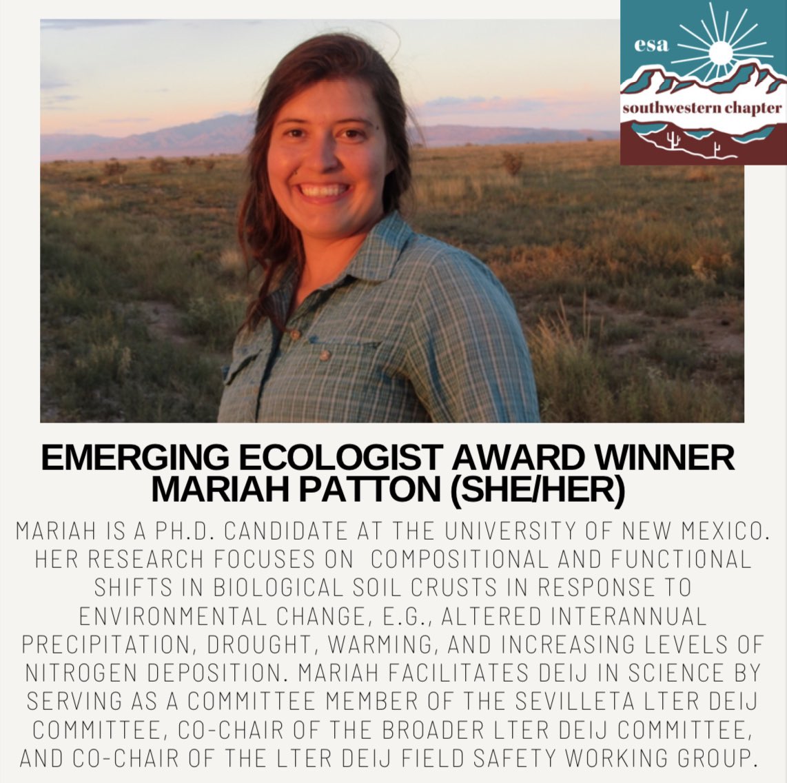 ESA_SW's tweet photo. And last but not least, meet our fantastic Emerging Ecologist Award winner Mariah Patton @mariah_patton! 🎉 #ESA2023 @ESABulletin https://t.co/NN088Uaweh