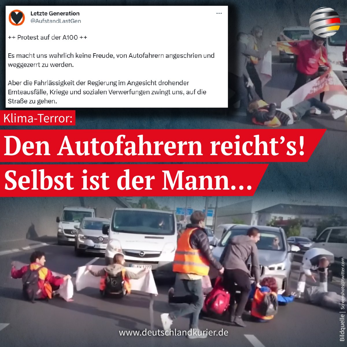 Deu_Kurier's tweet photo. Dieser Tage haben #Klima-Terroristen erneut die Berliner #Stadtautobahn A100 #blockiert. Dabei wurden sie von einem lauten #Hupkonzert der Autofahrer begleitet und von Verkehrsteilnehmern #getreten, #weggeschleift und #angeschrien:

https://t.co/1OW0kjAH8L https://t.co/4t8dlYHY2v