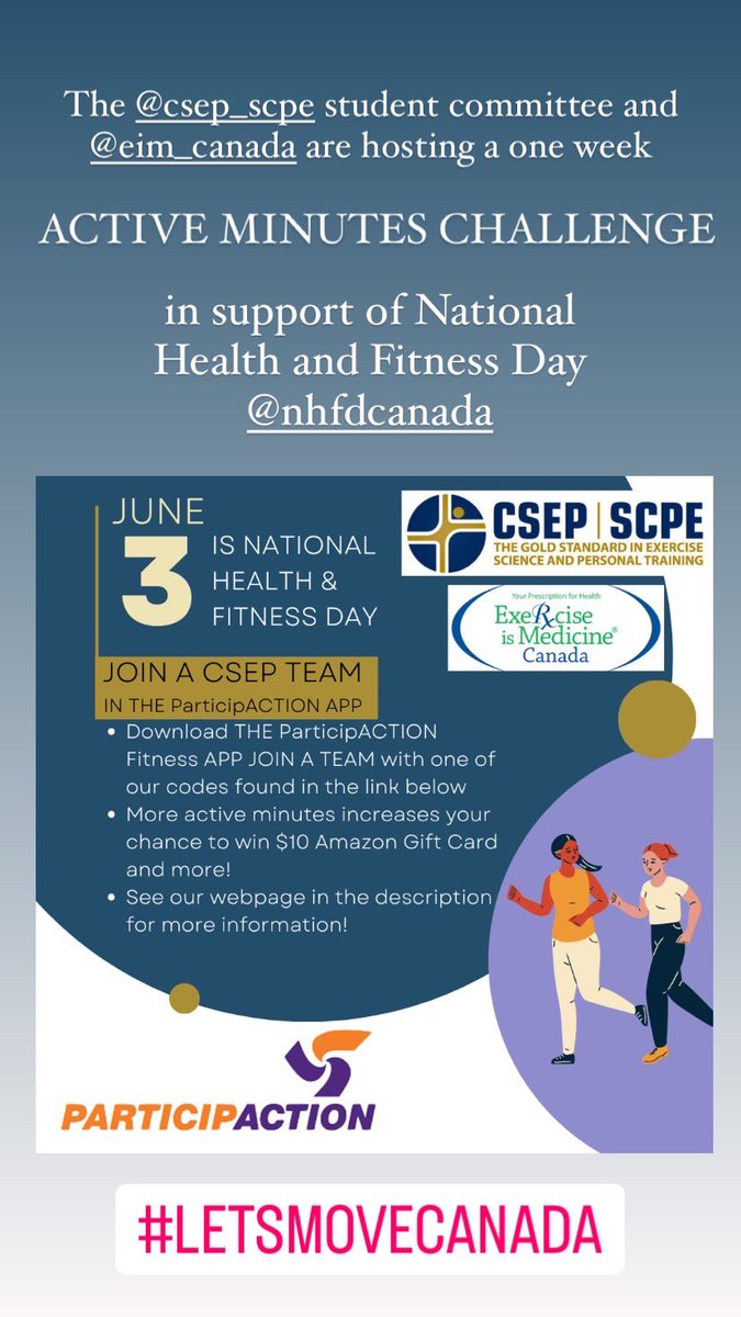 Stacey Forbes (she/her) (@staceforbes) on Twitter photo National Health and Fitness Day is June 3rd and the <a href="/csep_scpe/">Canadian Society for Exercise Physiology</a> Student Committee has partnered with <a href="/EIM_Canada/">Exercise Is Medicine</a> to bring you a weeks worth of fun (May28-Jun3)! Join in on our active minutes challenge, exercise BINGO and more! #letsmovecanada National Health and Fitness Day is June 3rd and the <a href="/csep_scpe/">Canadian Society for Exercise Physiology</a> Student Committee has partnered with <a href="/EIM_Canada/">Exercise Is Medicine</a> to bring you a weeks worth of fun (May28-Jun3)! Join in on our active minutes challenge, exercise BINGO and more! #letsmovecanada