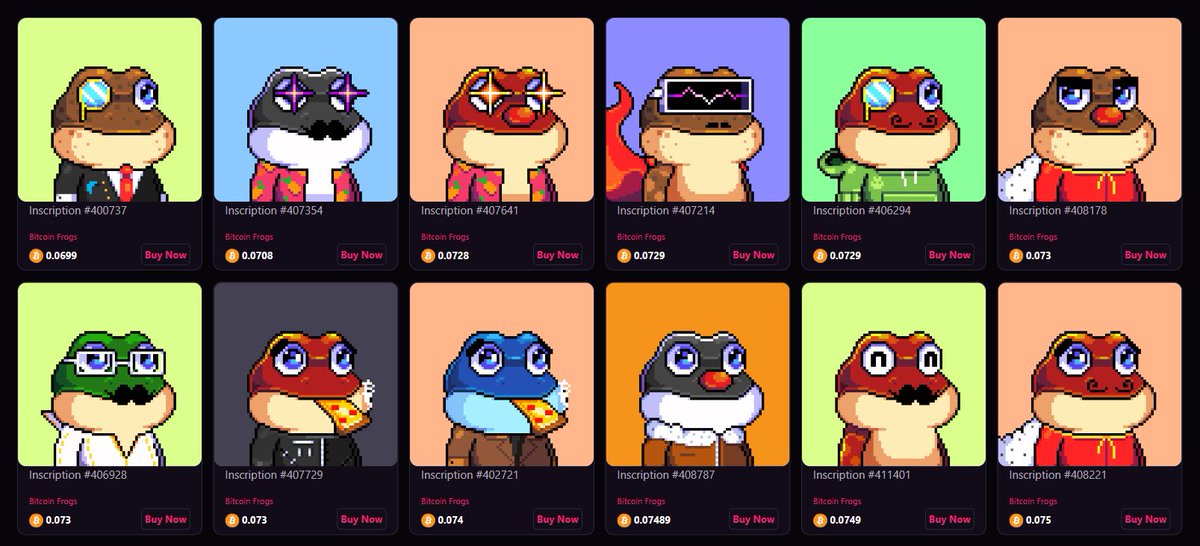 💫 Take a look at the most popular collection that has been constantly dominating all marketplaces.

👉@BitcoinFrogs is 10,000 unique frog collectibles minted directly on the #Bitcoin Blockchain.

Ribbit 🐸

#BRC20 #Ordinals #BRC20Ecosystems