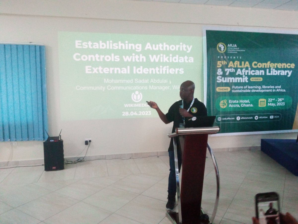 Today, @masssly gave an interesting presentation on Establishing Authority Controls with Wikidata External Identifiers during the <a href="/AfLIACon/">AfLIA</a> conference taking place in Accra, Ghana. You can access the slide to his presentation using the link below
 w.wiki/6kJt