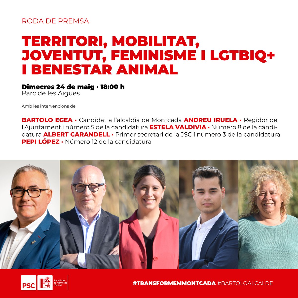 PSCMontcada's tweet photo. 🔴 El #PSC vol governar per a tothom. Per això, aquesta tarda farem una roda de premsa parlant de varis temes importants i que portem en el nostre programa electoral.
👉 A les 18 h, al Parc de les Aigües.
#TransformemMontcada #BartoloAlcalde https://t.co/TByBFnSQcn