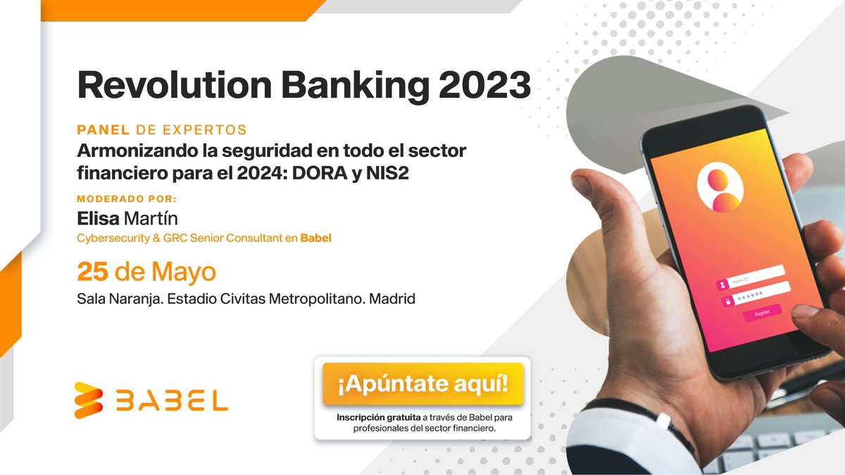 🔵Revolution Banking 2023
✍️Inscríbete gratis en bit.ly/3qb7KF0

Mañana a las 10:00h, Babel inaugura la jornada en la Sala Naranja con el #PaneldeExpertos moderado por nuestra compañera Elisa García Martín, Cybersecurity &amp; GRC Senior Consultant.

¡No te lo pierdas!