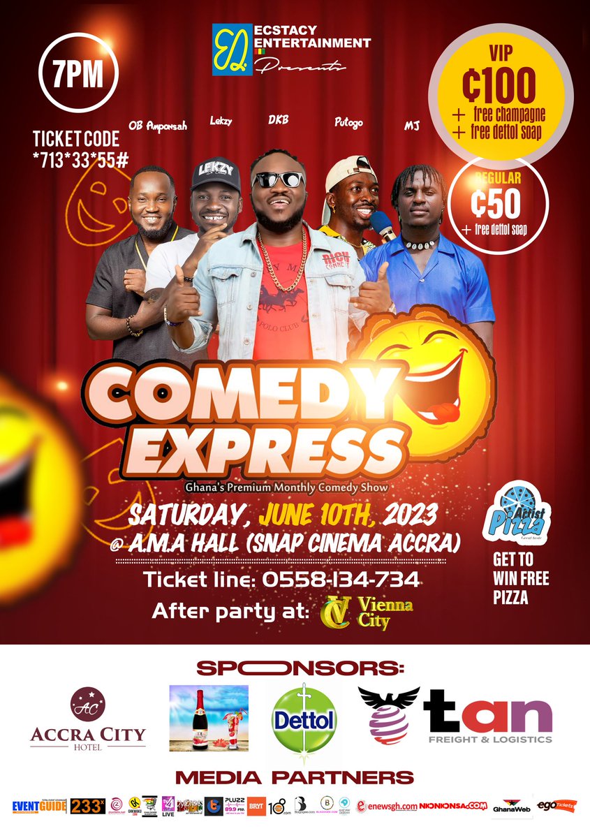 dkbghana's tweet photo. How many Retweets can this get? 🤗

BREAKING NEWS: Your favourite monthly comedy show @comexpressghana is back!🤸‍♂️🕺

Happening at AMA HALL, on Saturday JUNE 10TH 7pm!

Tickets: Regular only 50gh, VIP 100gh.

Sponsored by @leleghana @tanfreight and @dettol_ghana

Tickets now!👏😂 https://t.co/WjXSLNnlpL
