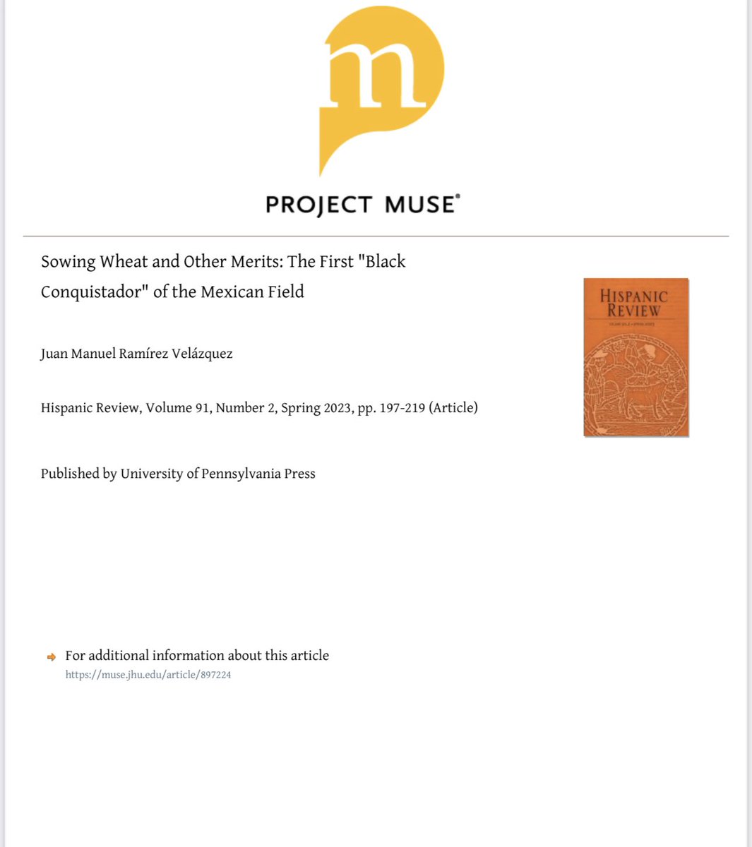 Excited to share my article on Juan Garrido published in Hispanic Review! Huge thanks to colleagues, friends, external reviewers, and journal editors for their valuable input and support🎊 muse.jhu.edu/pub/56/article…