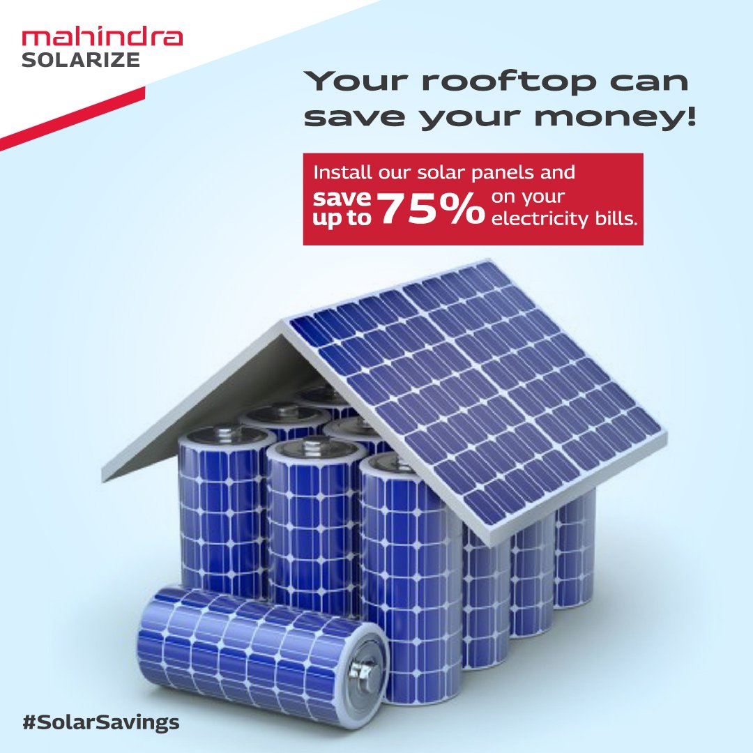 MSolarize's tweet photo. Did you know that a residential rooftop can increase your savings on your electricity bills and make you energy independent! Install now. #SolarSavings
#WeAreMahindraSolarize #SolarizeToRise #MahindraSolarize #BetterTomorrow #SolarPowerIndia #SolarEnergy #RenewableEnergy https://t.co/yRrpOAD3AQ