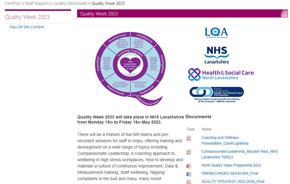 Quality Week 2023 | Information and Resources Now Available ✅
Quality Week 2023 has provided us with a wealth of information &amp; resources to share with NHSL colleagues throughout the organisation. To access them go to FirstPort &amp; search Quality Week 2023 #LQAWeek2023