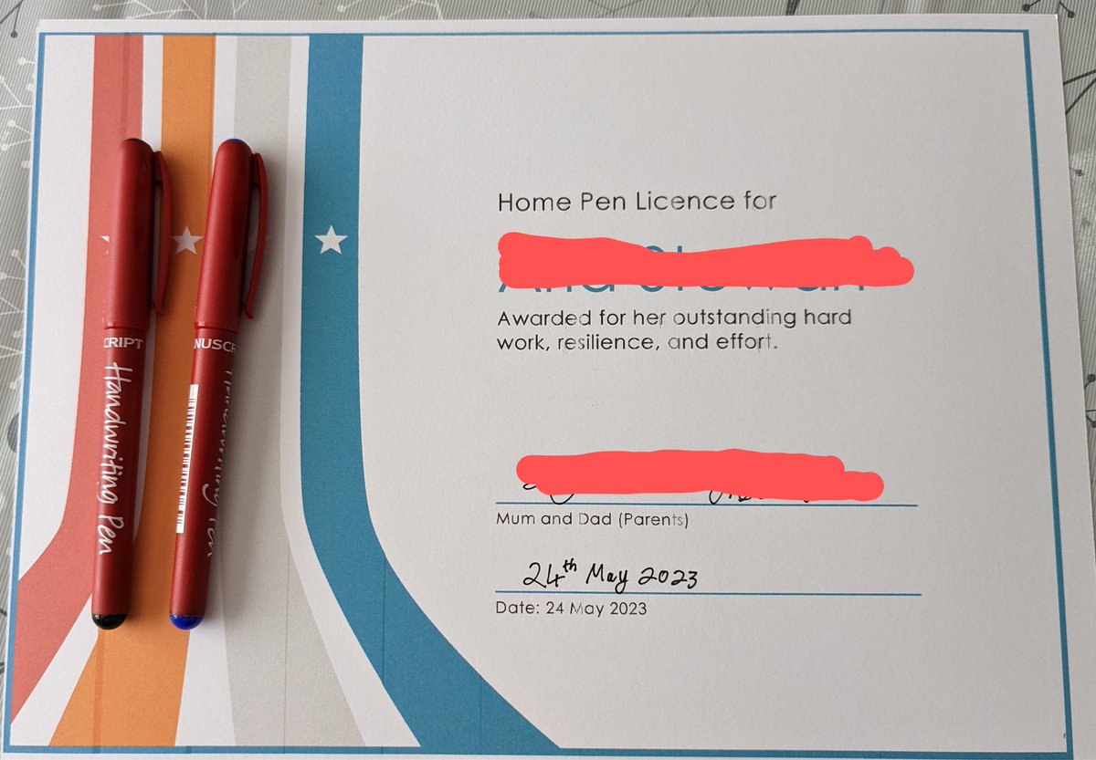 Top parent points to hubby today for designing his own pen licence certificate for our youngest who, realistically, will probably never have neat enough handwriting to be awarded one from school. #dyspraxia