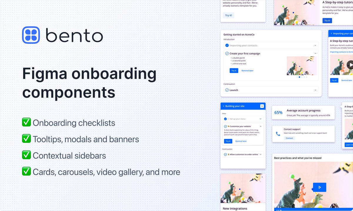 Elliotdahl's tweet photo. 👀 Check out the refreshed launch of @trybento_co's Figma components. Nobody knows the onboarding and *everboarding* game like @emilyyidan and team! 

🙌Awesome resource for the design community
https://t.co/UoW4WziIQU https://t.co/T06Pe2uZ2S