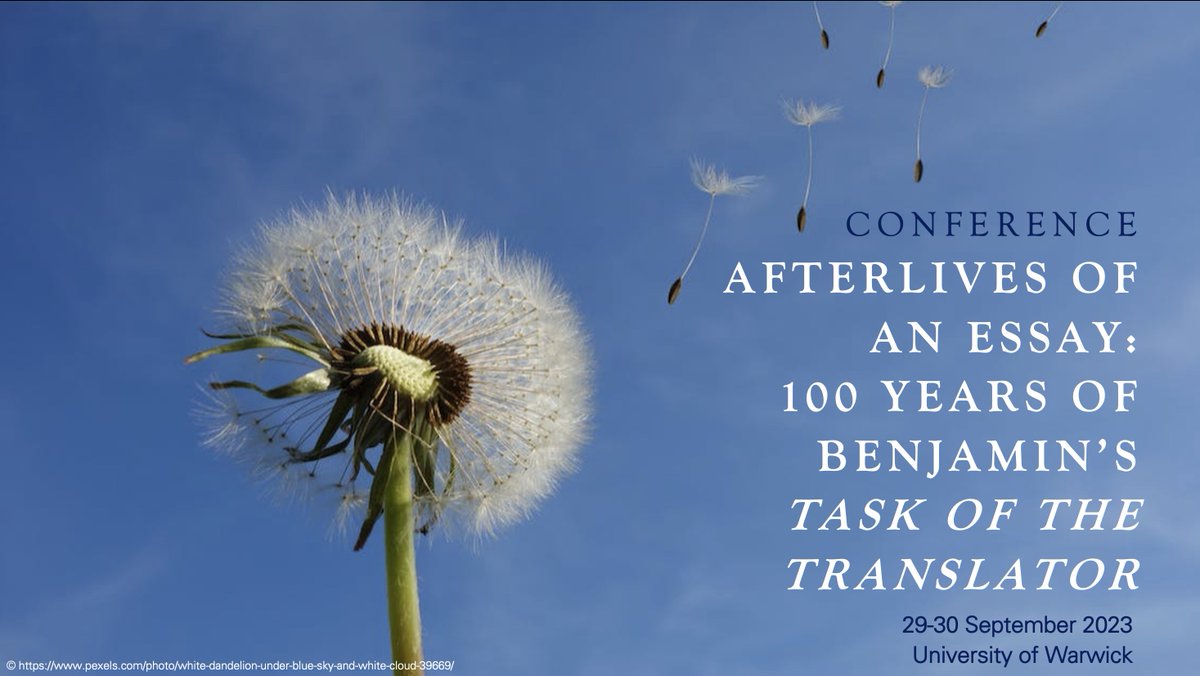 Warwick_Transla's tweet photo. Call for papers: Afterlives of an Essay: 100 Years of Benjamin’s #TaskOfTheTranslator
29-30 Sept 2023
The conference aims to engage critically with The Task of the Translator in the context of contemporary theories of #translation #philosophy & #literature
https://t.co/GUTSTlKkSx https://t.co/rQvj6Az1EP