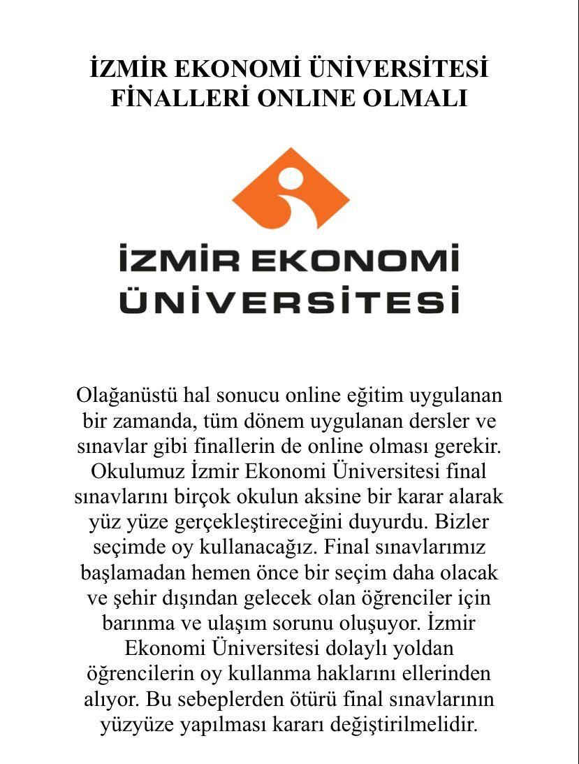 SolPartiIzmir's tweet photo. İzmir Ekonomi Üniversitesi final sınavlarının online( çevrimiçi) gerçekleştirilmesini destekliyoruz. Öğrenciler seçim döneminde mağdur edilmemelidir. Söz, yetki, karar Üniversite Bileşenlerine !
#ieuefinalleionline https://t.co/QRbswJtant