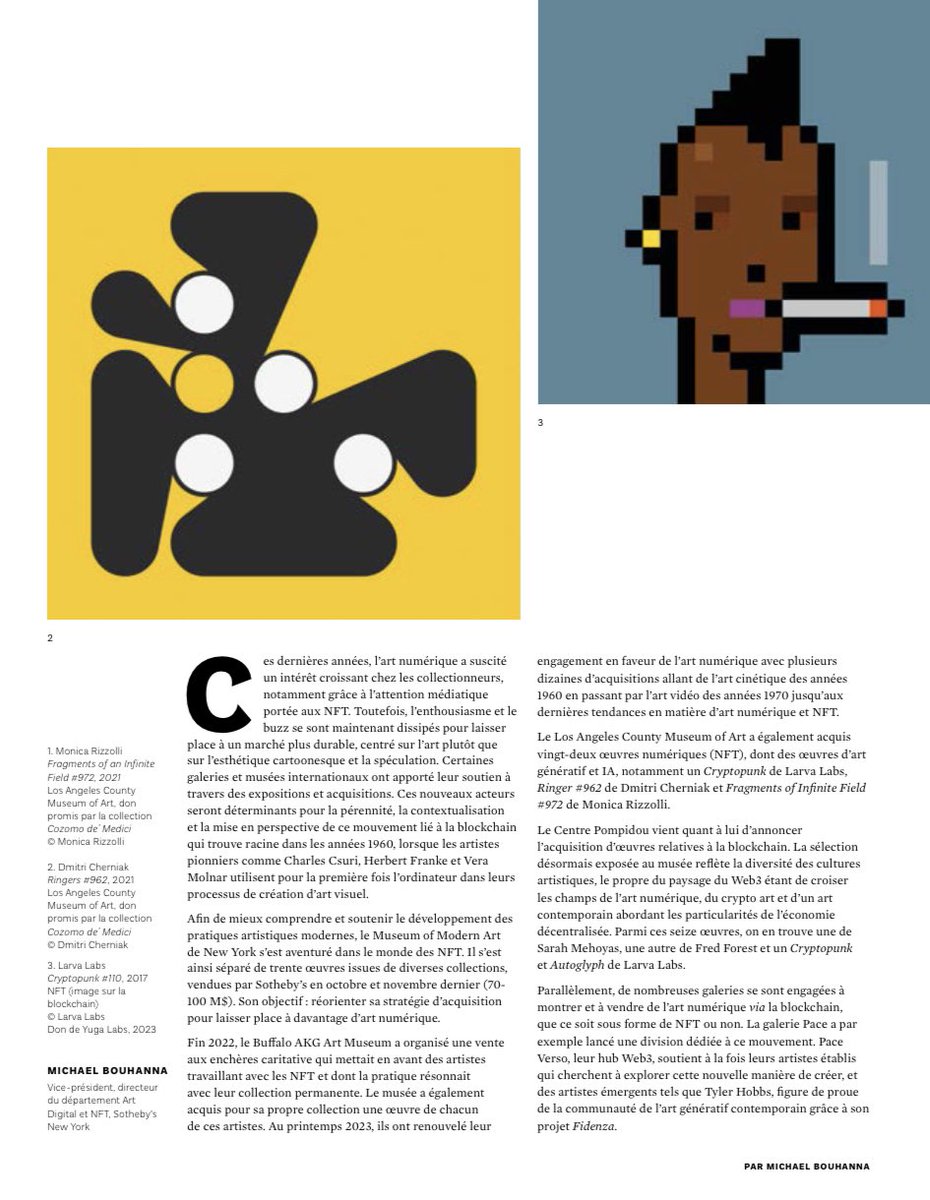 michaelbouhanna's tweet photo. gm - happy to have contributed to an article in Sotheby's Mag, reaching 7K clients in Europe! Explored the captivating realm of Museums embracing Digital Art and NFTs, highlighting the remarkable efforts of @PaceGallery, @CozomoMedici, @LACMA, @CentrePompidou, and @ArielHudes. https://t.co/iK7Qpaf2lm