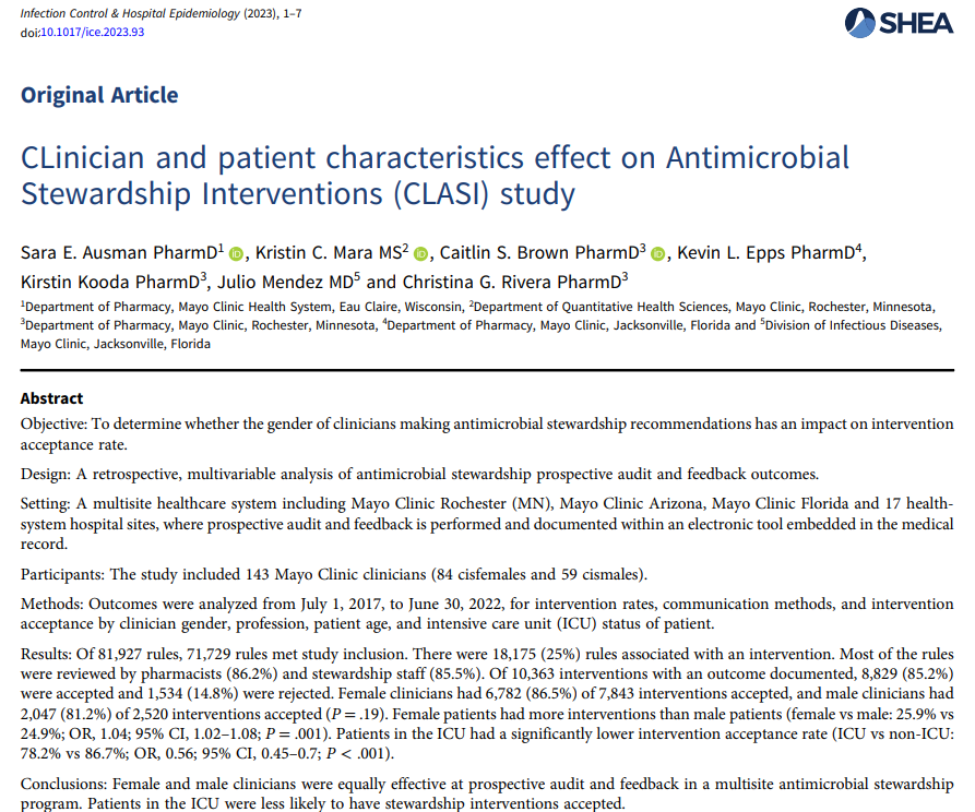 From <a href="/seausman/">Sara Ausman, PharmD</a>, @MsSmallsO et al

Analysis of antimicrobial stewardship intervention acceptance rate at a multisite heath system showed female &amp; male clinicians were equally effective at prospective audit and feedback

📄: doi.org/10.1017/ice.20…
