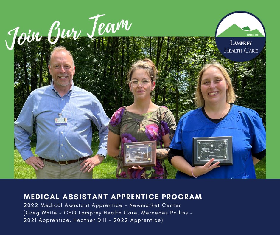 LampreyHealth's tweet photo. Have you heard about the Lamprey Health Care Medical Assistant Apprenticeship Program?

Great Career Opportunity. More info: https://t.co/wsXt2K1zdy 

#MedicalAssistantApprenticeship #LearnApprenticeship #CommunityCollegeSystemOfNewHampshire #CommunityHealthcare #MedicalAssistant https://t.co/j1QvnTInVE