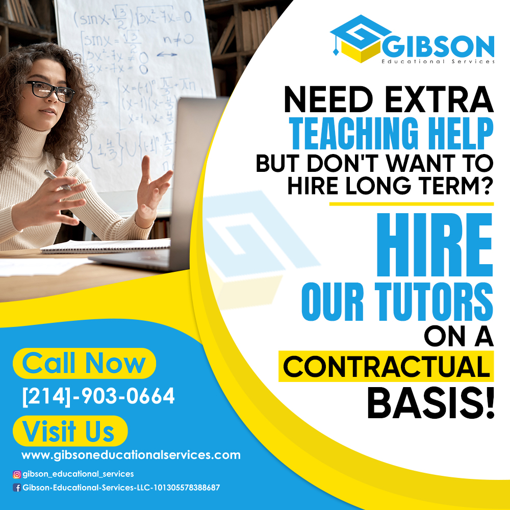 gibson_edu's tweet photo. Finding additional teaching support doesn't have to be a hassle. Gibson Educational Services provides certified and experienced tutors available for contractual hire with no long-term commitment.

Contact us!
[214]-903-0664

#SchoolStaffingSolutions #Tutoring #SchoolTutors https://t.co/2xIo69hfqF