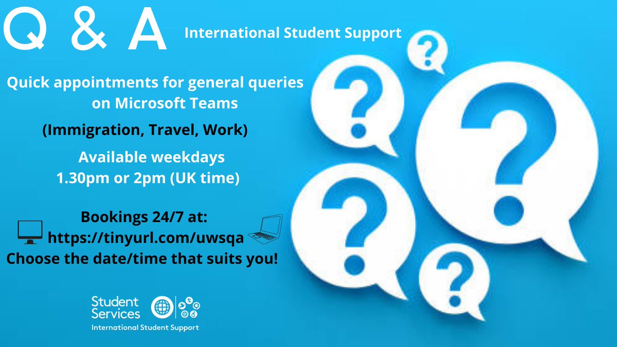 UWS Int Support (@uws_intsupport) on Twitter photo Q & A quick Microsoft Teams appointments are available on weekdays with the International Student Support team for current
<a href="/UniWestScotland/">UWS</a> international students with general enquiries.
Book online at tinyurl.com/uwsqa
<a href="/UWSstudents/">UWS Studentsā Union</a>
@UWS_LNDsupport
<a href="/UWS_PGR/">UWS Doctoral College</a> Q & A quick Microsoft Teams appointments are available on weekdays with the International Student Support team for current
<a href="/UniWestScotland/">UWS</a> international students with general enquiries.
Book online at tinyurl.com/uwsqa
<a href="/UWSstudents/">UWS Studentsā Union</a>
@UWS_LNDsupport
<a href="/UWS_PGR/">UWS Doctoral College</a>