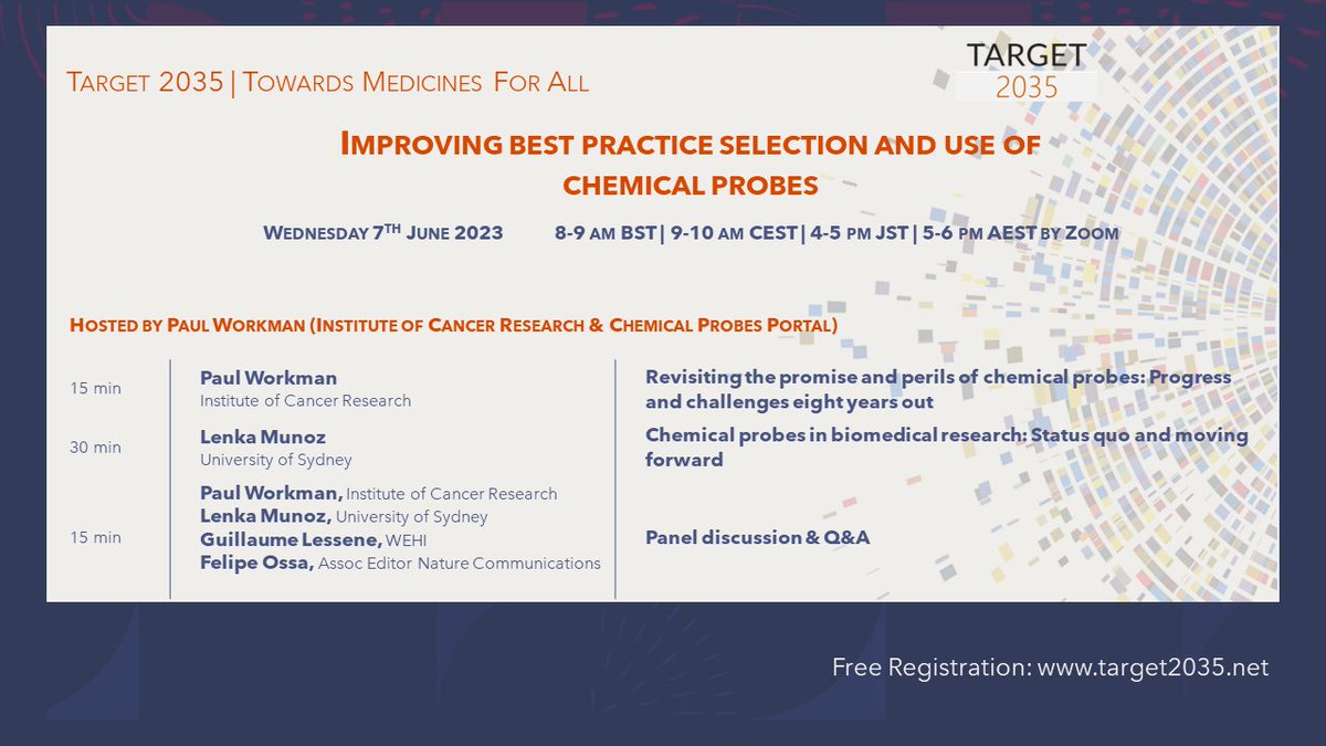 📢 Join us for our upcoming #Target2035Webinar, highlighting the alarming lack of best practices with #chemicalprobes in biomedical research.

🌐 Free registration: ki-se.zoom.us/webinar/regist…

Let's raise awareness and improve the use of chemical probes together!