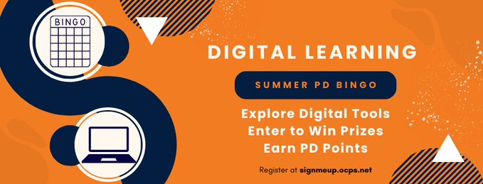 Hey @OCPSnews teachers - are you looking to explore OCPS digital tools, earn PD points, and enter to win prizes this summer? Sign up for our Digital Learning Summer PD Bingo Challenge! Register at signmeup.ocps.net This virtual PD runs June 1 - August 1  @CDLocps #ocpsreads