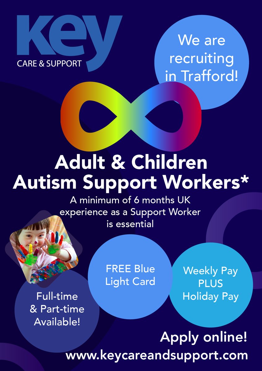 #autismawareness #autismsupport
Are you an experienced Support Worker? A minimum of 6 months experience in the UK is essential.
Drivers desirable. We want to hear from you! We have work in #urmston #stretford #altrincham #halebarns.
⤵️⤵️⤵️
keycareandsupport.com/register-2