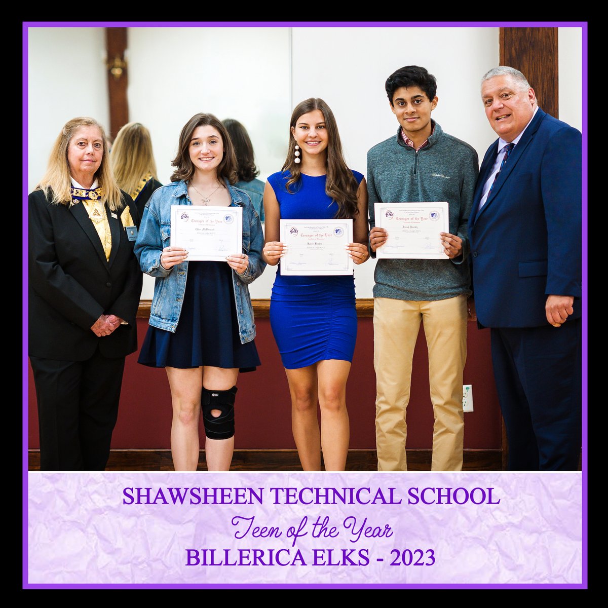 shawtech_hs's tweet photo. Shawsheen's #Billerica Elks #TeenOfTheYear is Kerry Brown! Kerry was honored at the Teenager of the Month ceremony on Sunday, and is pictured (center) with her Billerica and Burlington High School peer recipients. #WeAreShawsheen  #ShawTechSenior https://t.co/Hg4mYxp7PP