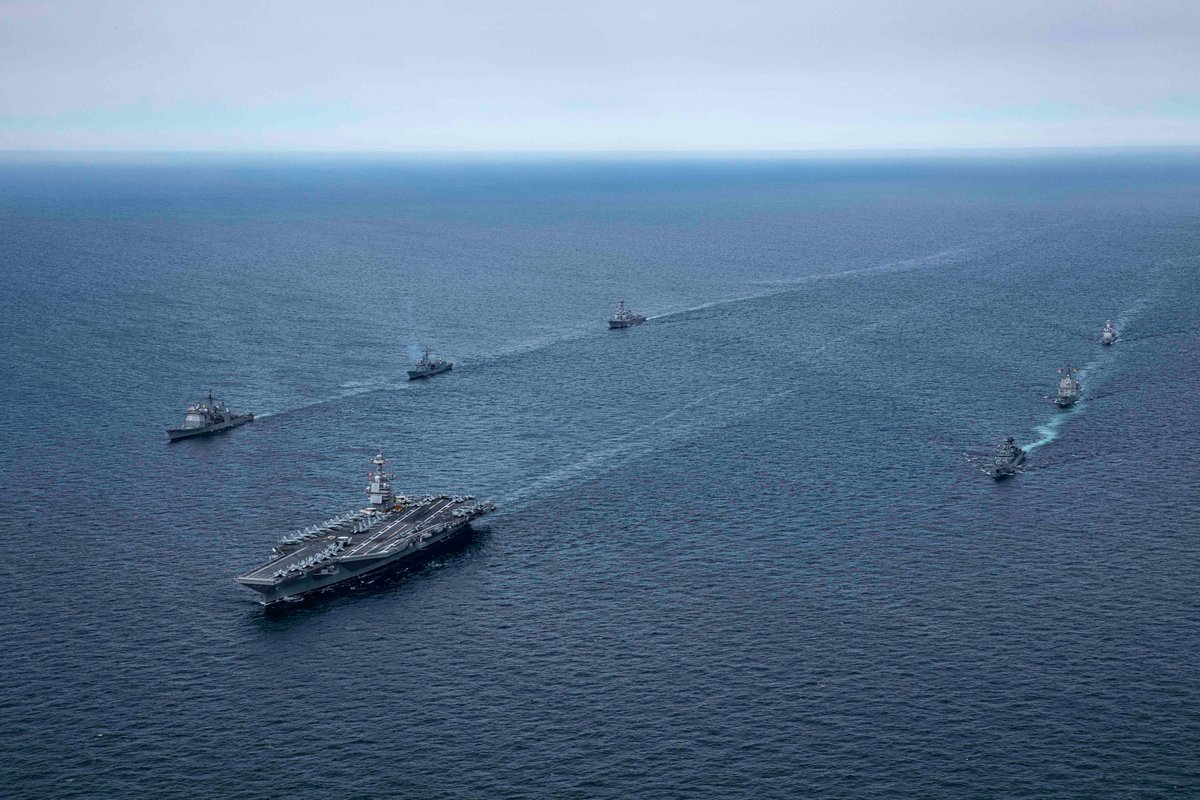 #nuclearfleet USS Gerald R. Ford (CVN 78) steams in formation with ships from its strike group & #alliesandpartners including the German navy, Spanish navy,  Royal Netherlands navy, and  Polish navy during an exercise in the Atlantic Ocean. #unmatchedpropulsion