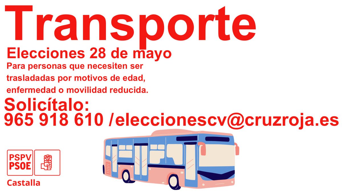 PSOE_Castalla's tweet photo. 🚨La Generalitat Valenciana en colaboración con Cruz Roja ponen a disposición de la ciudadanía un servicio de transporte para quienes por enfermedad o movilidad reducida no puedan desplazarse a ejercer su derecho al voto.

Solicítalo en el 965 918 610 o eleccionescv@cruzroja.es https://t.co/M1uJHueNZ3