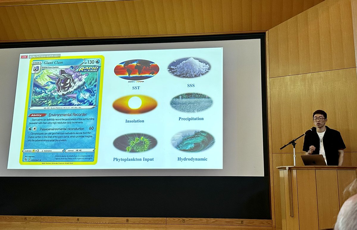 AmyLPrendergast's tweet photo. Another superb talk by @SciMelb Sclerochronology Lab PhD researcher @Bohao_Climate today @6Isc2022 on LIA Tridacna shell climate records. Bonus points for making a giant clam Pokémon card to explain his archive! #ProudSupervisor #6thISC2023 https://t.co/HEaOnHk2ot