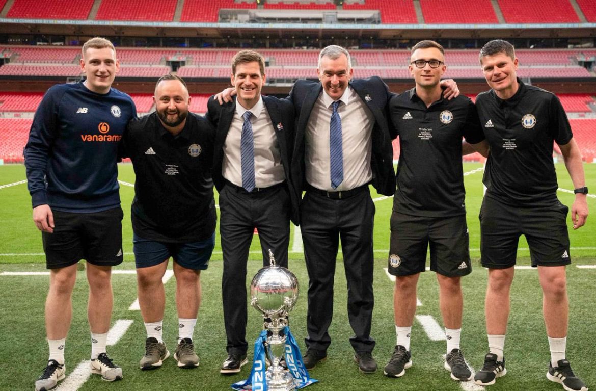 CalumSMacLeod's tweet photo. An unbelievable way to finish off a crazy season. What a year it has been with this group of staff and players, a huge achievement for everyone involved at the club. FA Trophy winners 2023 🏆 @FCHTOnline https://t.co/LlNH5iatAo