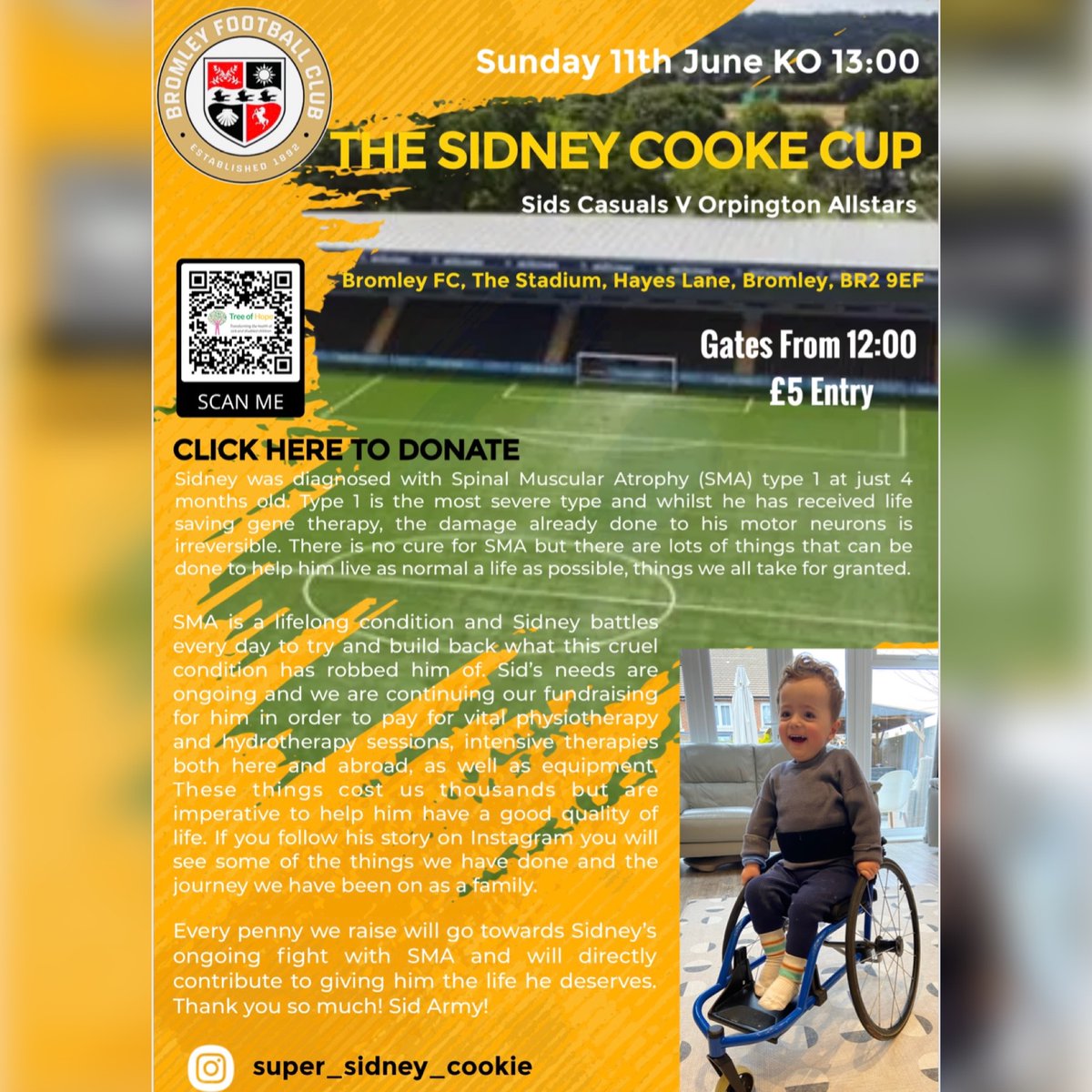 𝗧𝗵𝗲 𝗦𝗶𝗱𝗻𝗲𝘆 𝗖𝗼𝗼𝗸𝗲 𝗖𝘂𝗽 🏆

We are delighted to be hosting Sid Casuals vs Orpington Allstars, in support of Sidney Cooke who is fighting SMA.

🗓 11th June
🕛 Gates open from 12pm
💷 £5 entry

You can donate by clicking here 👉 treeofhope.org.uk/help-super-sid…

#WeAreBromley
