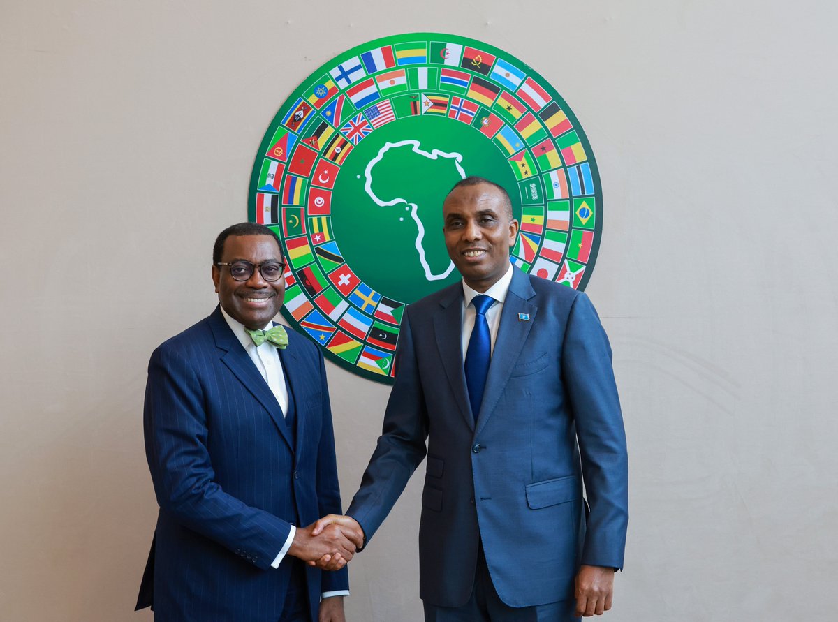 SomaliPM's tweet photo. H.E. Prime Minister @HamzaAbdiBarre met with @AfDB_Group President @akin_adesina on the sidelines of the Bank’s Annual Meetings in Sharm El Sheikh, where he thanked the Bank for their continued support and laid out the Government’s vision for socio-economic development post the HIPC Completion Point. On his part, Dr Adesina praised #Somalia’s strong progress and reiterated the Bank’s commitment to supporting Somalia at this critical juncture.