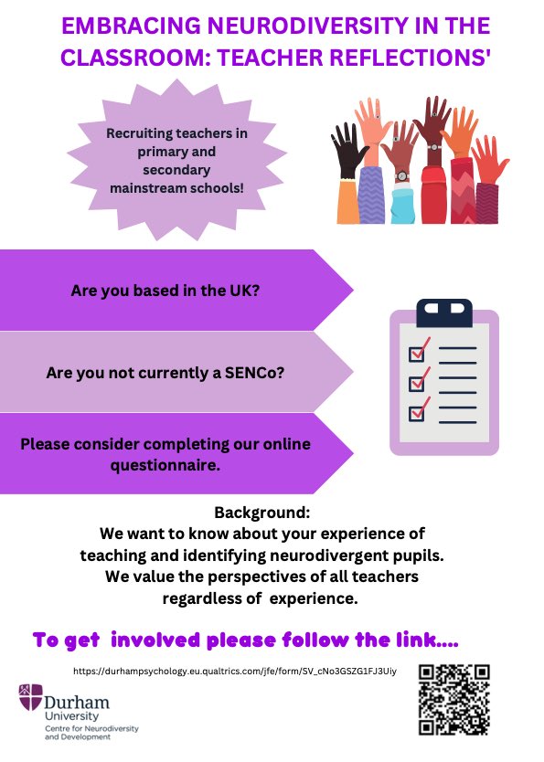 Last call for teachers to complete an online questionnaire concerning the inclusion of neurodivergent pupils in mainstream classroom. 1 week to go and only 10 more participants needed!! durhampsychology.eu.qualtrics.com/jfe/form/SV_cN…