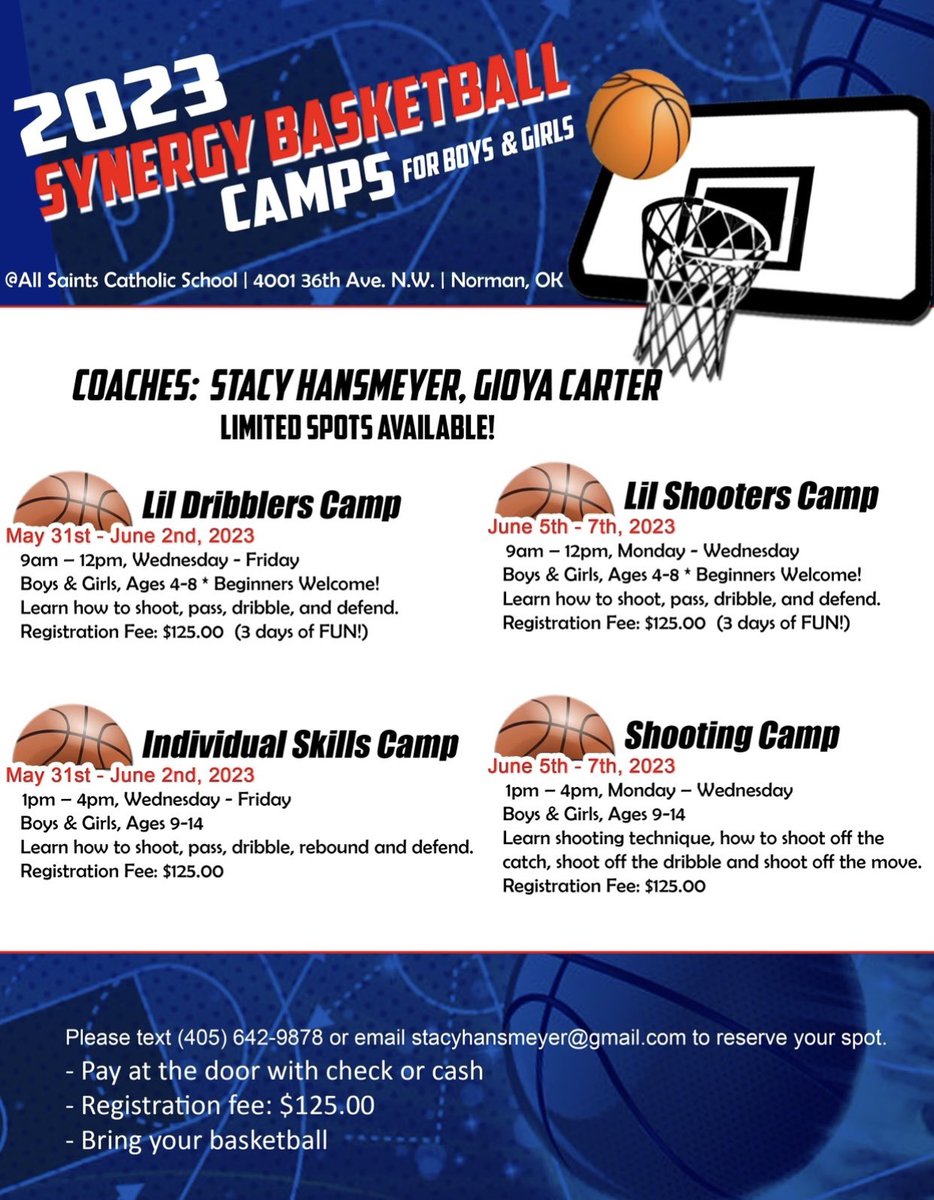 Stacy Hansmeyer (@shansmeyer) on Twitter photo LAST WEEK TO SIGN UP FOR BASKETBALL CAMP IN NORMAN ,OK. EMAIL Stacyhansmeyer@gmail.com to reserve you spot.
May 31-June 2 & June 5-7 LAST WEEK TO SIGN UP FOR BASKETBALL CAMP IN NORMAN ,OK. EMAIL Stacyhansmeyer@gmail.com to reserve you spot.
May 31-June 2 & June 5-7