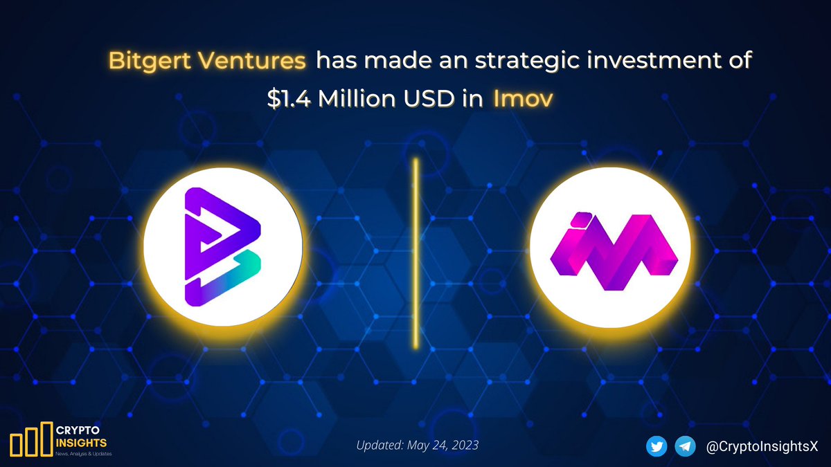 📢@Bitgertventures has made an strategic investment of $1.4 Million USD in @Imovofficial 

#BITGERT Venture is focused on the digital age, with a keen eye on decentralized infrastructure, ecosystems, and applications that have the potential to reshape @bitgertbrise 

#IMOV - an…