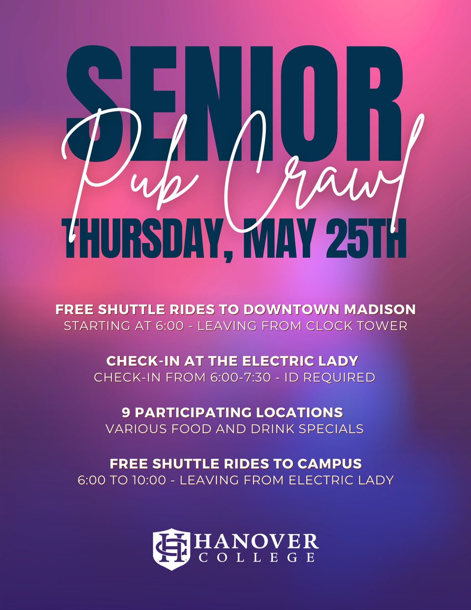 StudentLifeHC's tweet image. Join us for the Senior Pub Crawl happening Thursday, 5/25! We love this annual event and are excited to celebrate all of our senior's accomplishments 🍻
