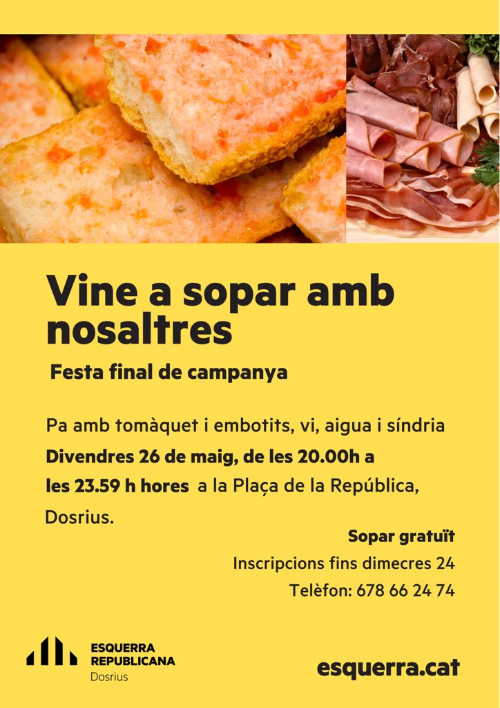 Encara sou a temps d’apuntar-vos al sopar de fi de campanya! 

Farem pa amb tomàquet i embotit, vi, aigua i síndria! 

#canmassuet #dosrius #canyamars #ercdosrius #construïmfutur #futurrepublicà