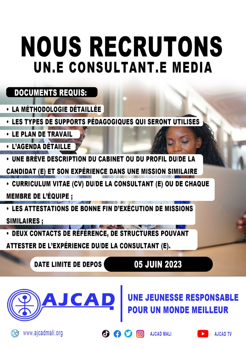 AJCAD Mali (@ajcadmali) on Twitter photo Appel à Candidature consultant.e Media
Pour postuler, envoyer vos documents a cette adresse : contact@ajcadmali.org en mettant en copie f.diop@ajcad.org, m.sima@ajcadmali.org, a.dicko@ajcad.org
Date limite : cet appel à candidature est valable au plus tard le 05 juin 2023. Appel à Candidature consultant.e Media
Pour postuler, envoyer vos documents a cette adresse : contact@ajcadmali.org en mettant en copie f.diop@ajcad.org, m.sima@ajcadmali.org, a.dicko@ajcad.org
Date limite : cet appel à candidature est valable au plus tard le 05 juin 2023.