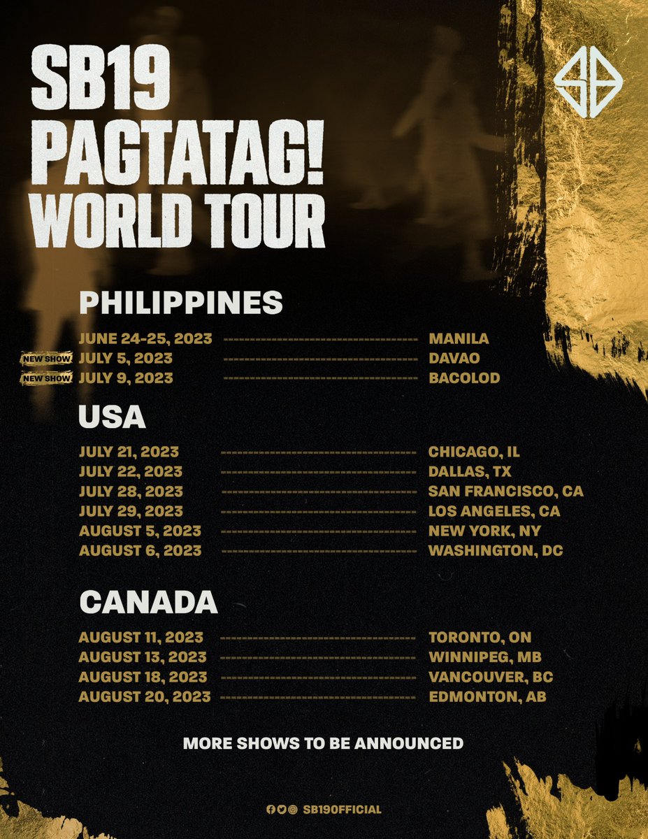 ⚠️ New shows added for the PAGTATAG! World Tour. 

More details soon.

#SB19 #PAGTATAG #SB19PAGTATAG #PAGTATAGWorldTour