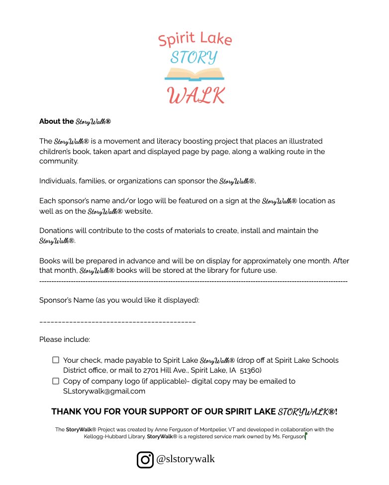 SpiritLakeIA's tweet photo. StoryWalk® is a nationwide movement placing illustrated children’s books along a walking route in the community. Consider supporting the SLHS J-Term Class's dream of creating a StoryWalk® in our community @ Memorial Park! Donation form is attached &amp; available in school offices. https://t.co/nBZnFRRTiG