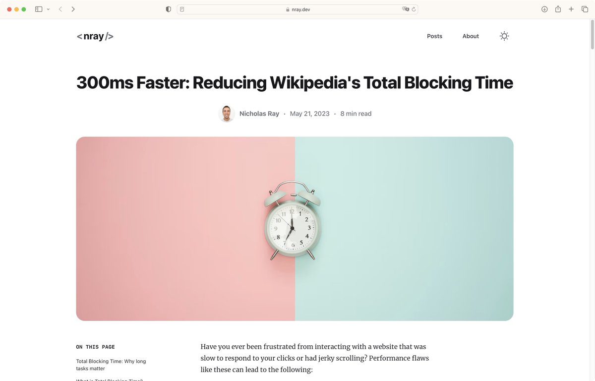 Сокращение Total Blocking Time в Википедии: Николас Рэй рассказывает, как пара простых исправлений позволила уменьшить фризы интерфейса в больших статьях → nray.dev/blog/300ms-fas…