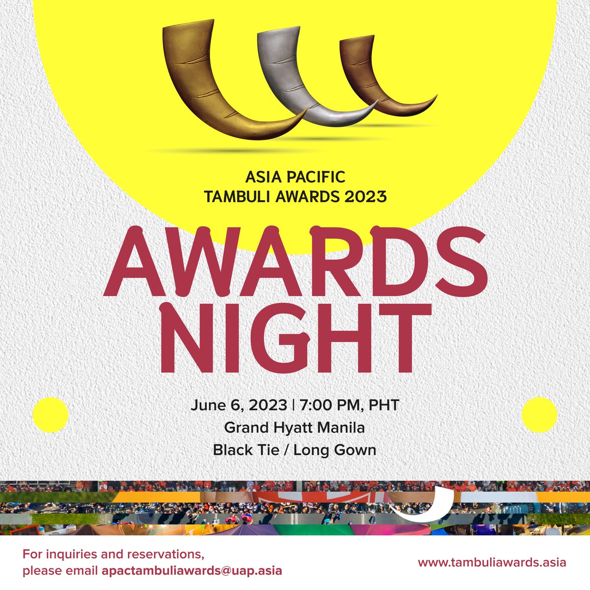 YOU'RE INVITED: APAC Tambuli Awards Night 2023! June 6, 7:00 p.m., Grand Hyatt Manila. Fee: PHP 6,000/person. Buy tickets here: bit.ly/tambuliawardsn…. #apactambuliawards2023 #brandpurpose #corporatepurpose