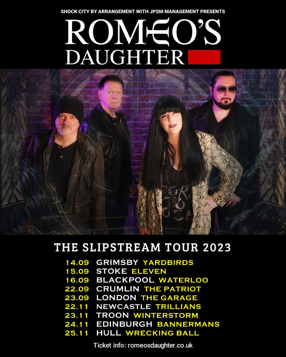 romeosdaughter's tweet photo. Tickets on sale NOW for @romeosdaughter 2023 Tour!!!

TICKETS: https://t.co/p0xyX4pF0f

#RomeosDaughter #RomeosDaughterAOR #RomeosDaughter2023 #RomeosDaughterTour #RomeosDaughterMusic #RomeosDaughterLive #RomeosDaughterLiveMusic #Music #LiveMusic #Band #Rock #ClassicRock #AOR #UK https://t.co/MRLGmrzDQV