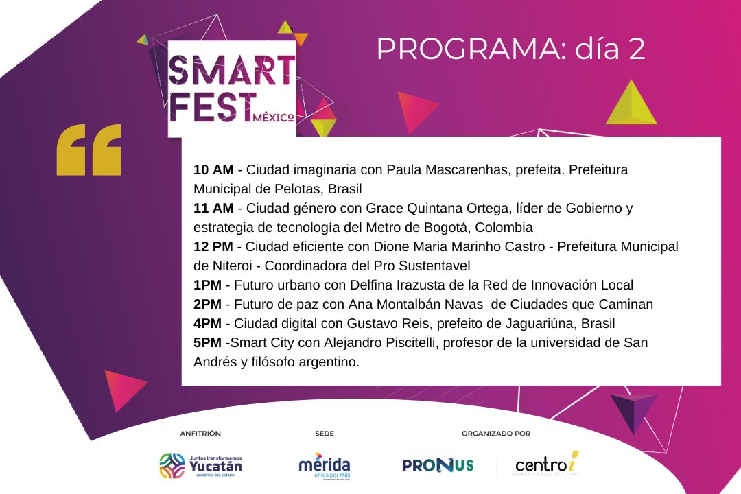 No te pierdas la transmisión del segundo día de SmartFest 
👉 puedes verla aquí
centroi.org
facebook.com/centroi.org
<a href="/SmartCityLATAM/">Smart City Expo LATAM Congress</a>
 
🌎🏙️🌆 #ProyectosViables #ImpactosReales #SCELC23
#Countdown #SmartCity #Innovation #FutureCities #Mérida #Yucatán #LATAM