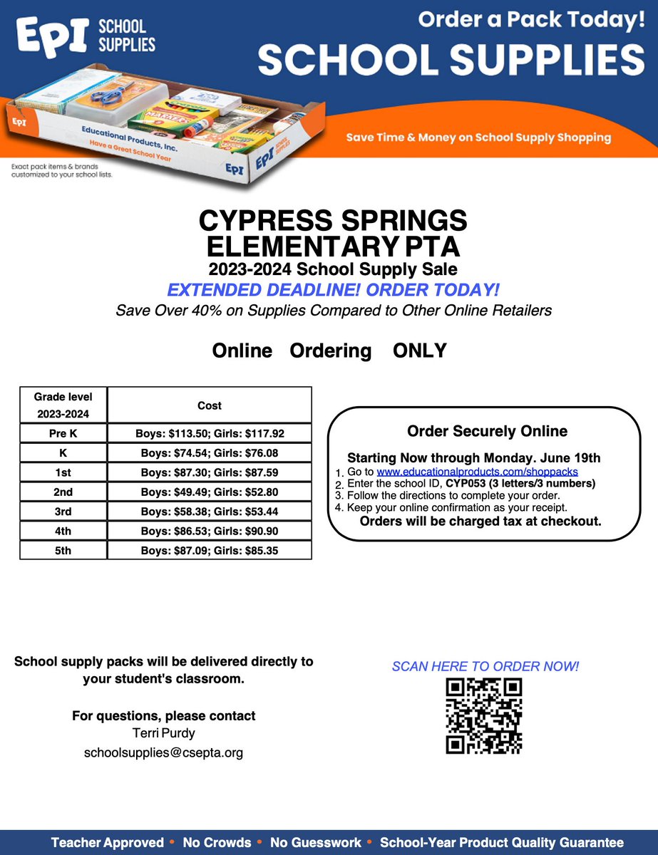 2.5 weeks to order your 2023-24 school supplies online! Deadline is June 19!

Just click and order an EPI pack today. Your supplies will be shipped to our school.

Order now with our School ID CYP053 (3 letters &amp; 3 numbers) at: educationalproducts.com/shoppacks/

#csespower