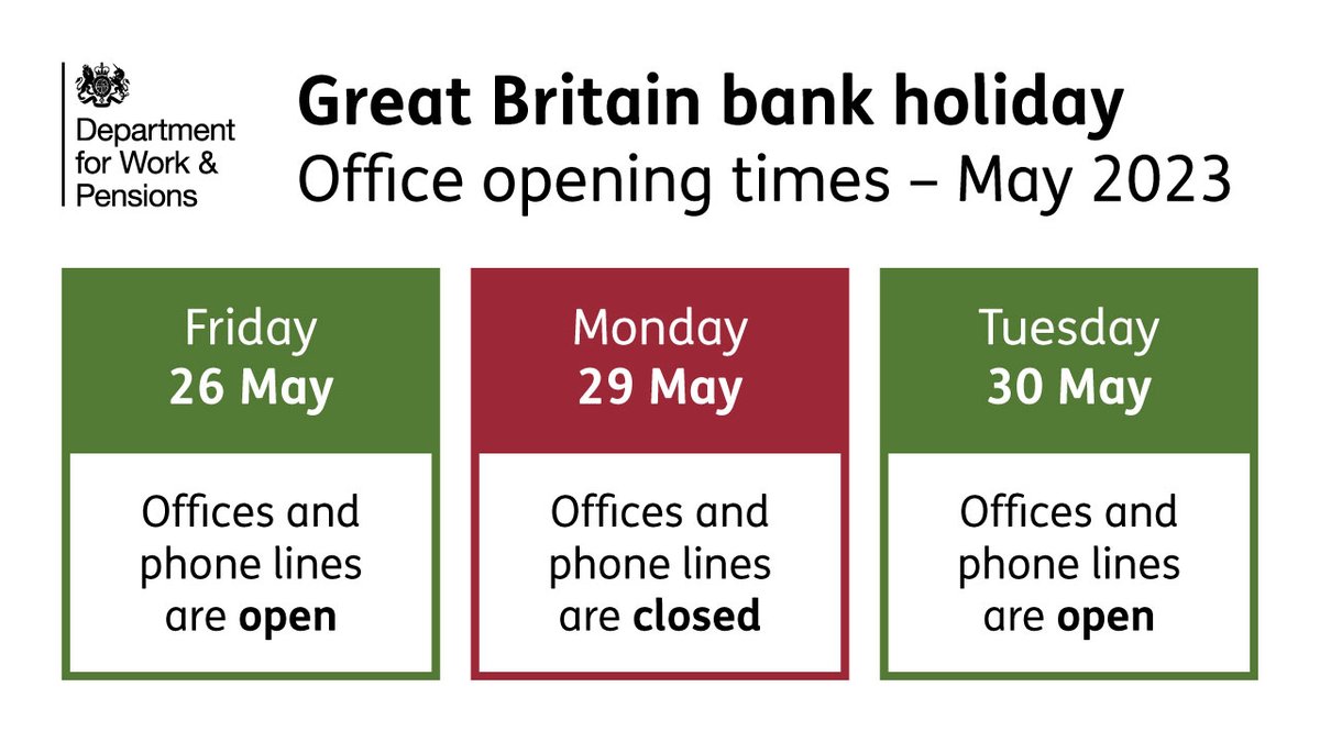JCPinNEMidWales's tweet photo. Information for claimants:

Jobcentre Plus offices will be open on these days in Great Britain over the bank holiday weekend

Find out more https://t.co/sIaNF1uCzu https://t.co/ntQt9yforz
