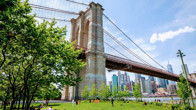 View of south tower of the Brooklyn Bridge. 