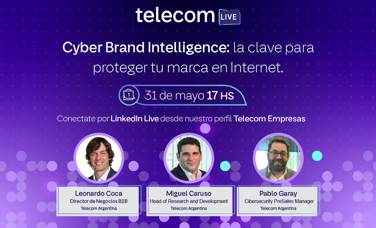 Personaltech_ar's tweet photo. ¡Ya llega otro #TelecomLive! 🚀
Acompañanos en esta conversación sobre Cyber Brand Intelligence con expertos en el tema
Descubrí cómo proteger tu marca en Internet contra falsificaciones y piratería online🌐
Sumate al evento
https://t.co/gQm6UMXAWg https://t.co/mjn7hZ5bOF