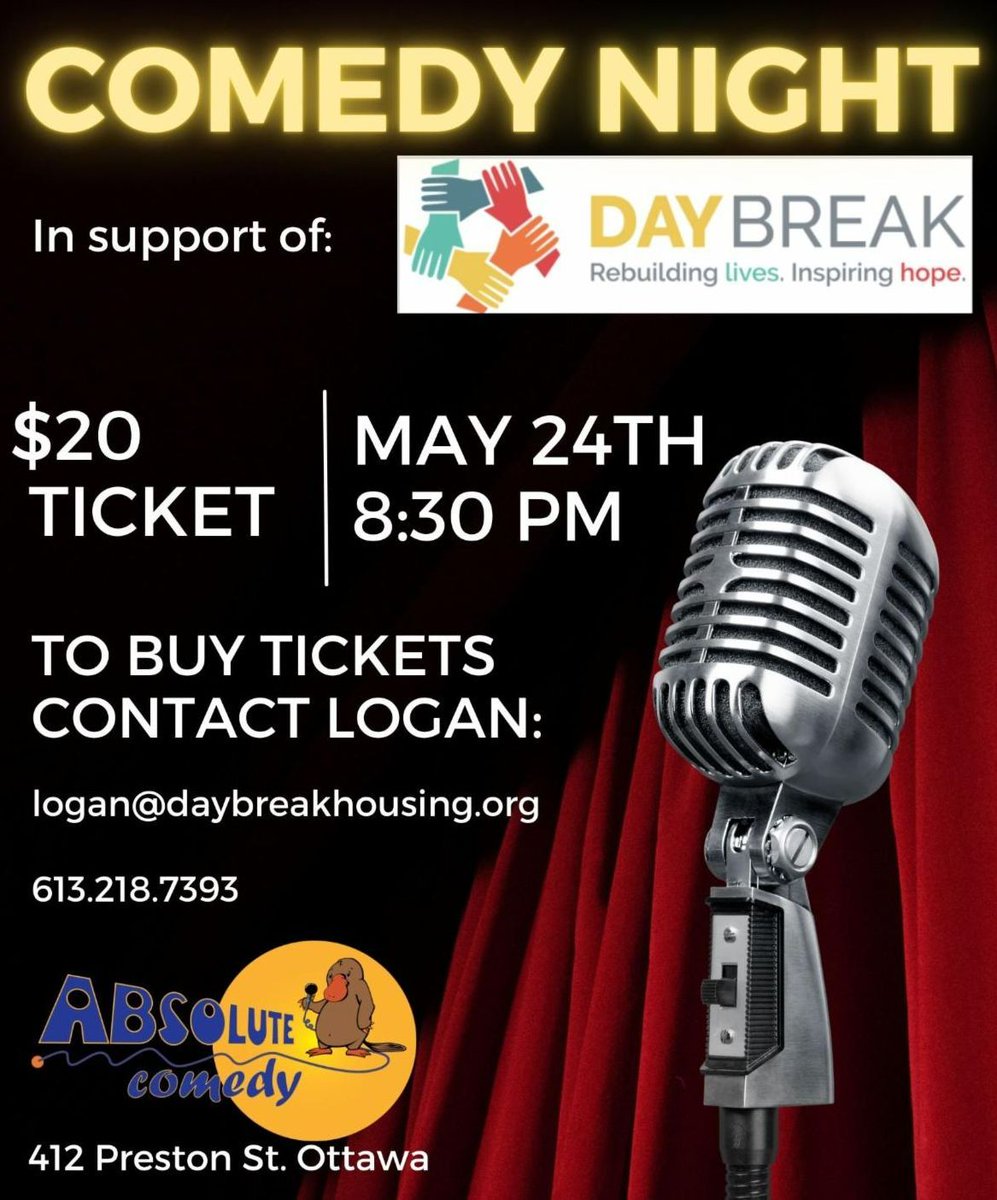 Tonight is our Comedy Night Fundraiser. We have a few more tickets left for our event tonight. You can purchase tickets by contacting Logan or on Eventbrite. 

#comedy #comedynight #fundraiser #ottawa #housing #supportivehousing #affordablehousing