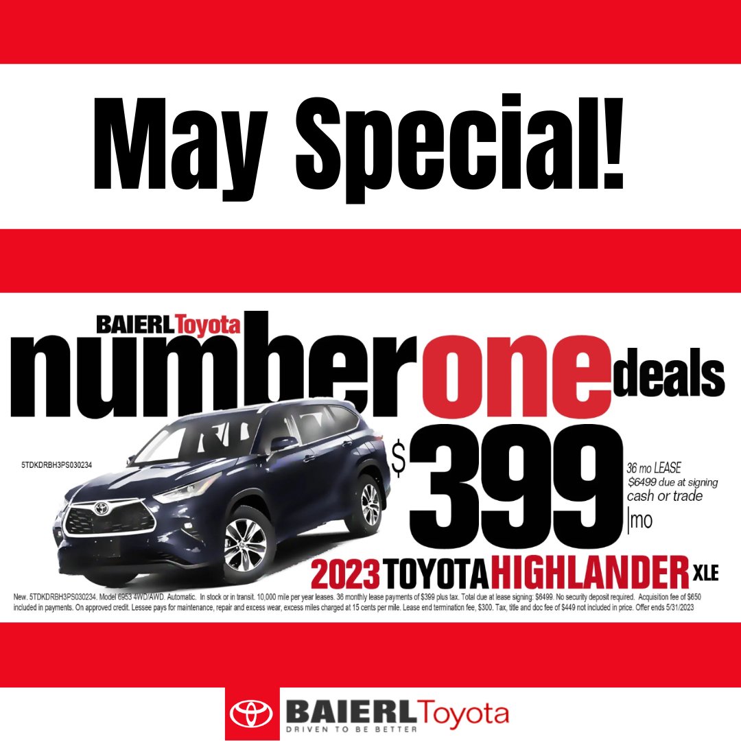 May is the month of adventure! Get your Toyota Highlander and start exploring today! View our current inventory through the link below! 

bit.ly/3OlWT5u

#toyota #letsgoplaces #toyotanation #toyotalife #toyotausa #toyotalove #toyotaperformance #baierltoyota