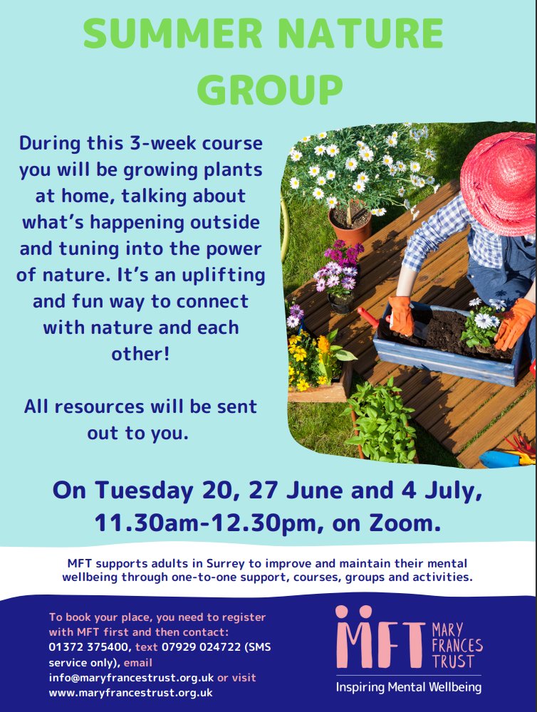 SupportSurrey's tweet image. Do you want to grow plants at home, talk about what’s happening outside and tune into the power of nature?

Join @MaryFrancesTrst for their #online #naturegroup 🌱🌸🌼

Book your place:
📞01372 375400
📧info@maryfrancestrust.org.uk
orlo.uk/xzws1

#Courses #Athome