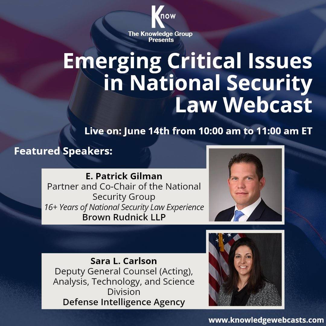 KnowGroupCLECPE's tweet image. E. Patrick Gilman of @BrownRudnickLLP and Sara L. Carlson of @DefenseIntel to present our upcoming “Emerging Critical Issues in National Security Law” webcast, going live on June 14th at 10 AM ET.

Register here: zurl.co/ls2T

#NationalSecurityLaw #CLEwebcast #tkg